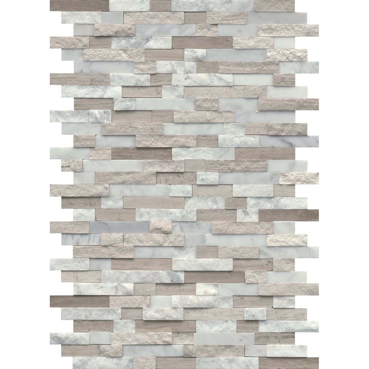 Feature Natural Split Face Mosaic P in multi, white, and silver colors, marble and limestone material, 12x18 inches size, splitface finish